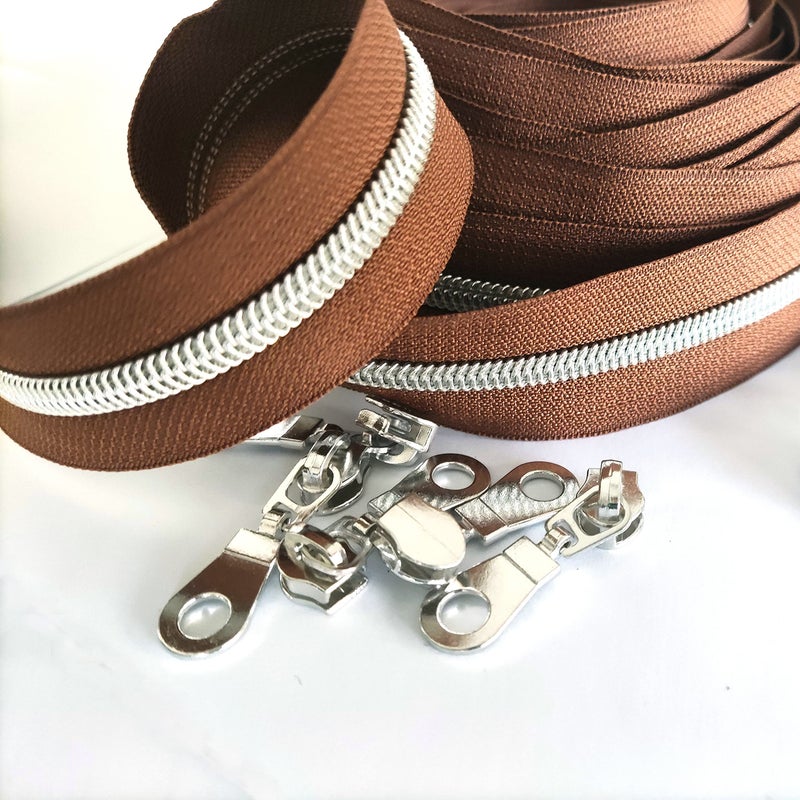Leekayer #5 Metallic Silver Nylon Coil Zippers by The Yard Bulk 10 Yards Brown Zipper Tape with 25pcs Silver Sliders for DIY Sewing Tailor Craft Bag(Brown) - Image 5